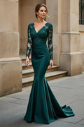 Elegant Emerald Green Lace Mermaid Long Sleeve Long Mother of the Bride Dress