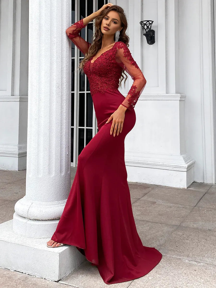 Beautiful Timeless Chic Elegant Burgundy Lace Mermaid Long Sleeve Long Prom Dress