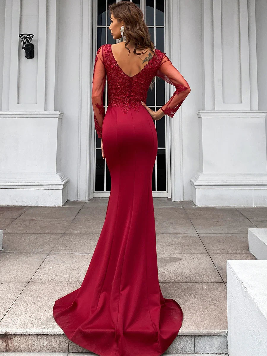 Beautiful Timeless Chic Elegant Burgundy Lace Mermaid Long Sleeve Long Prom Dress