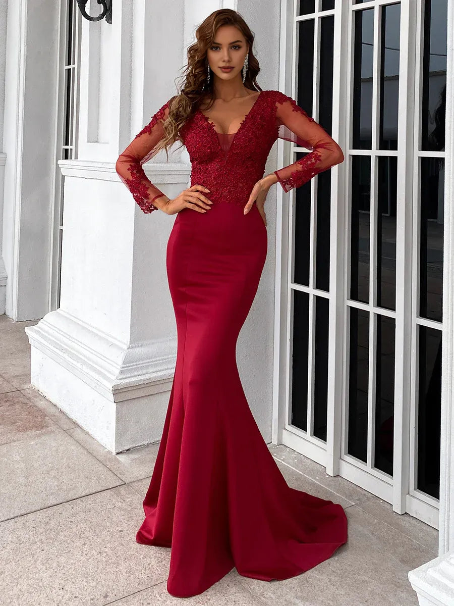 Beautiful Timeless Chic Elegant Burgundy Lace Mermaid Long Sleeve Long Prom Dress