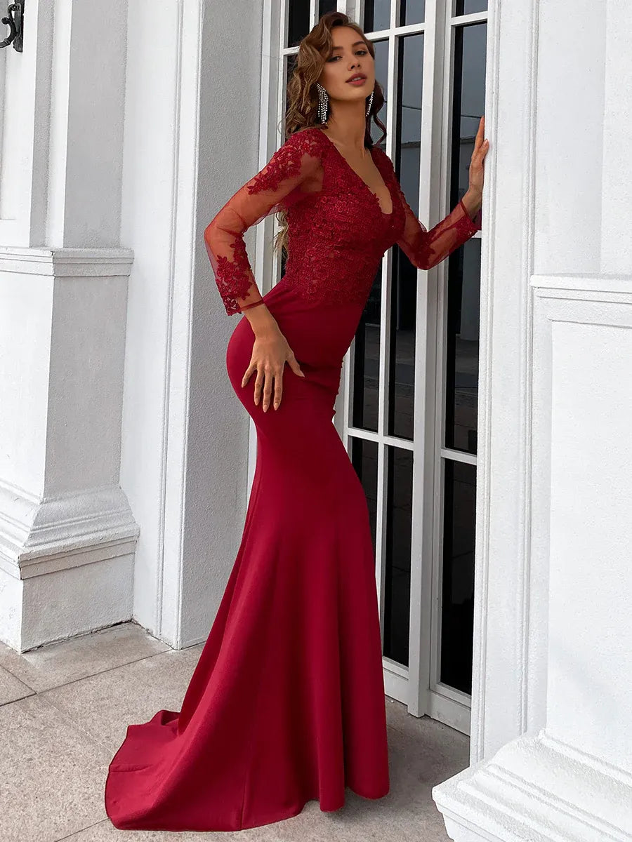 Beautiful Timeless Chic Elegant Burgundy Lace Mermaid Long Sleeve Long Prom Dress