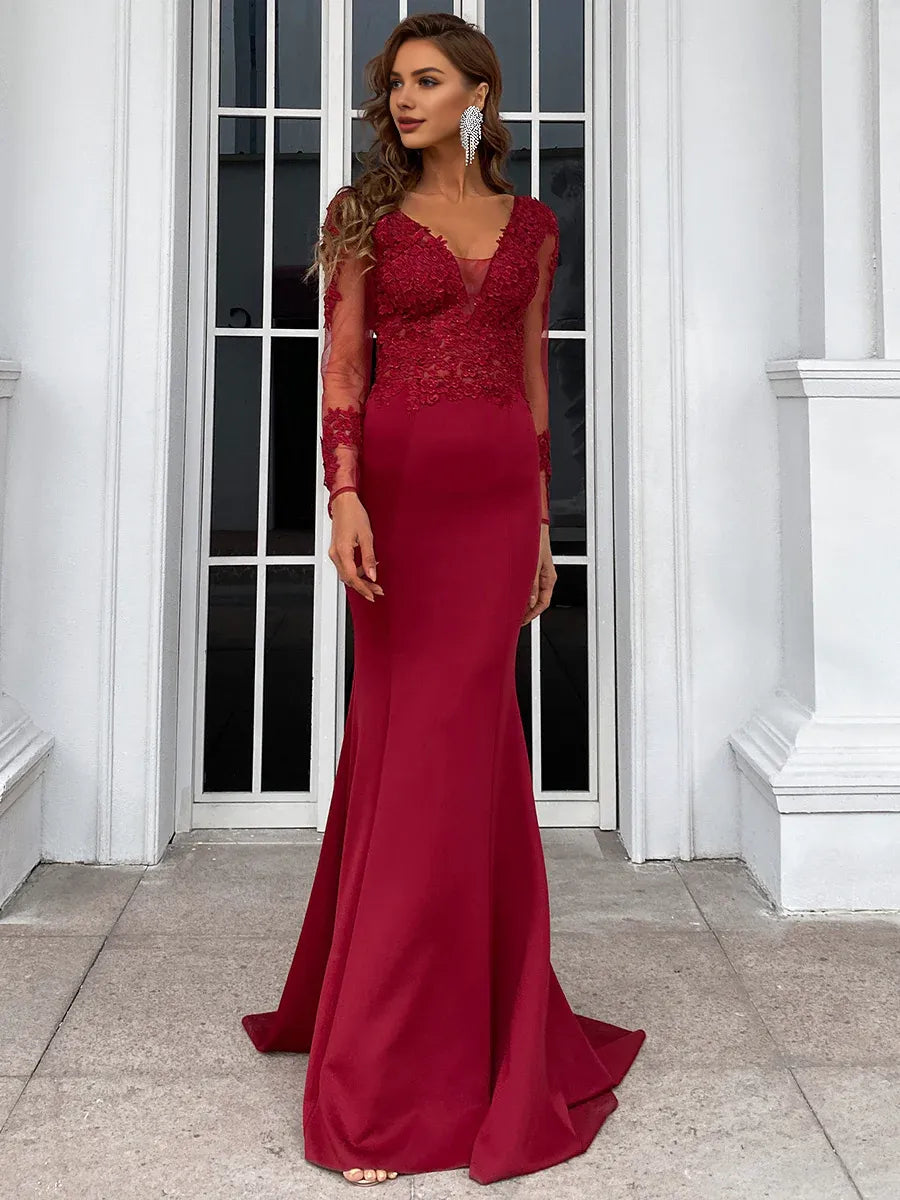 Beautiful Timeless Chic Elegant Burgundy Lace Mermaid Long Sleeve Long Prom Dress