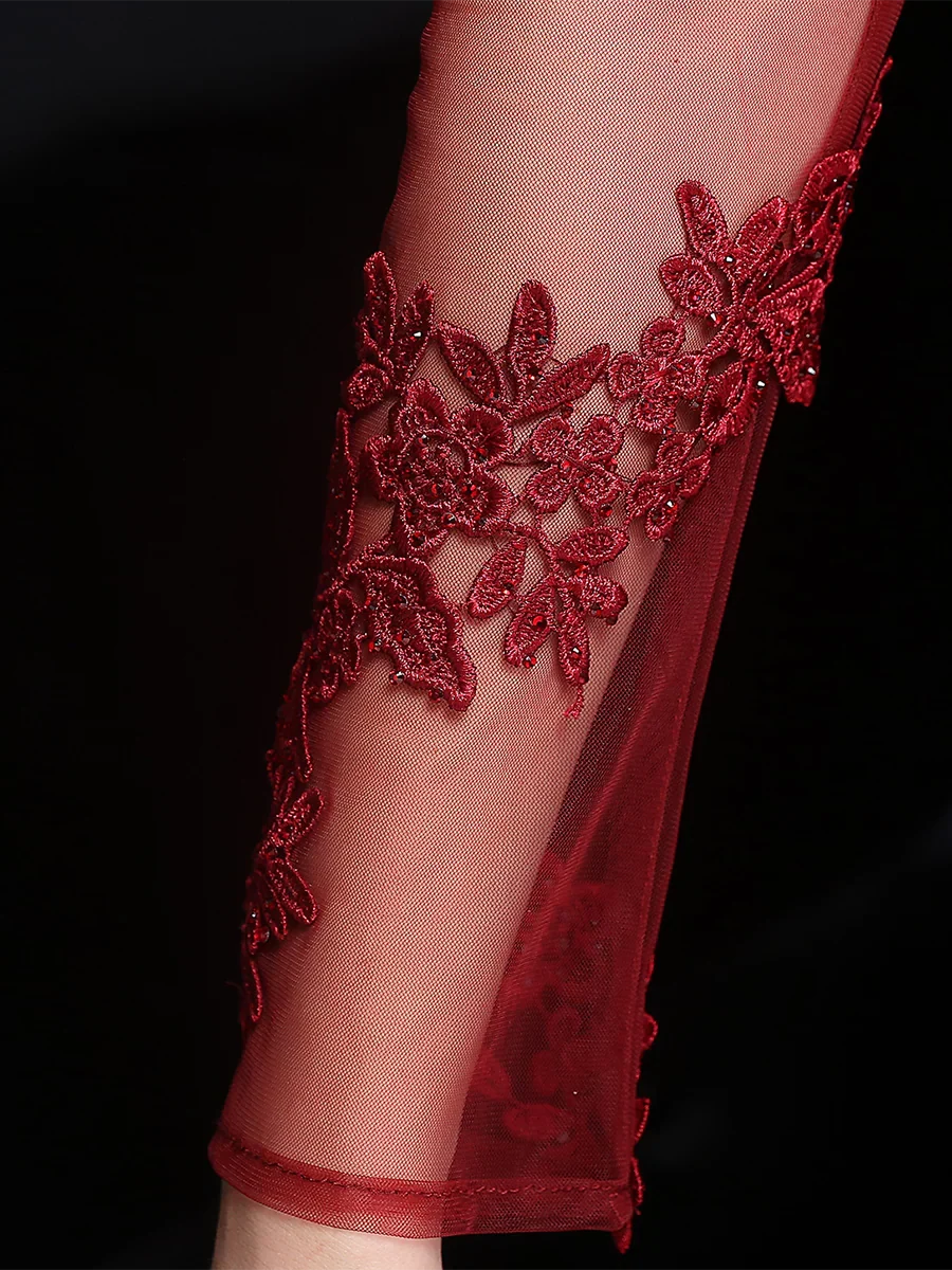 Beautiful Timeless Chic Elegant Burgundy Lace Mermaid Long Sleeve Long Prom Dress