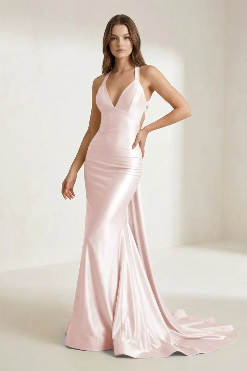 Pink Mermaid V Neck Ruched Open Back Train Prom Dress