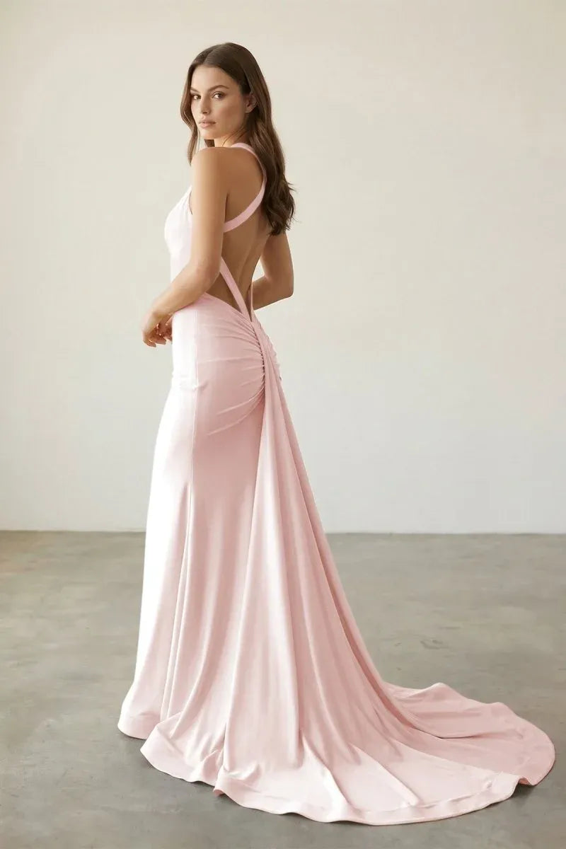 Pink Mermaid V Neck Ruched Open Back Train Prom Dress