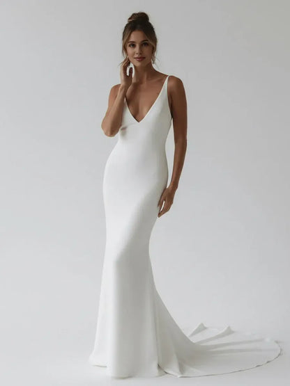 Beautiful Timeless Special Occasion Sophisticated Elegant White Satin Mermaid Sleeveless Wedding Dress