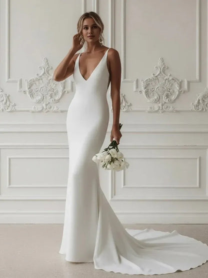 Beautiful Timeless Special Occasion Sophisticated Elegant White Satin Mermaid Sleeveless Wedding Dress