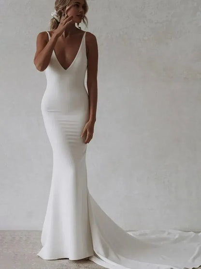 Beautiful Timeless Special Occasion Sophisticated Elegant White Satin Mermaid Sleeveless Wedding Dress