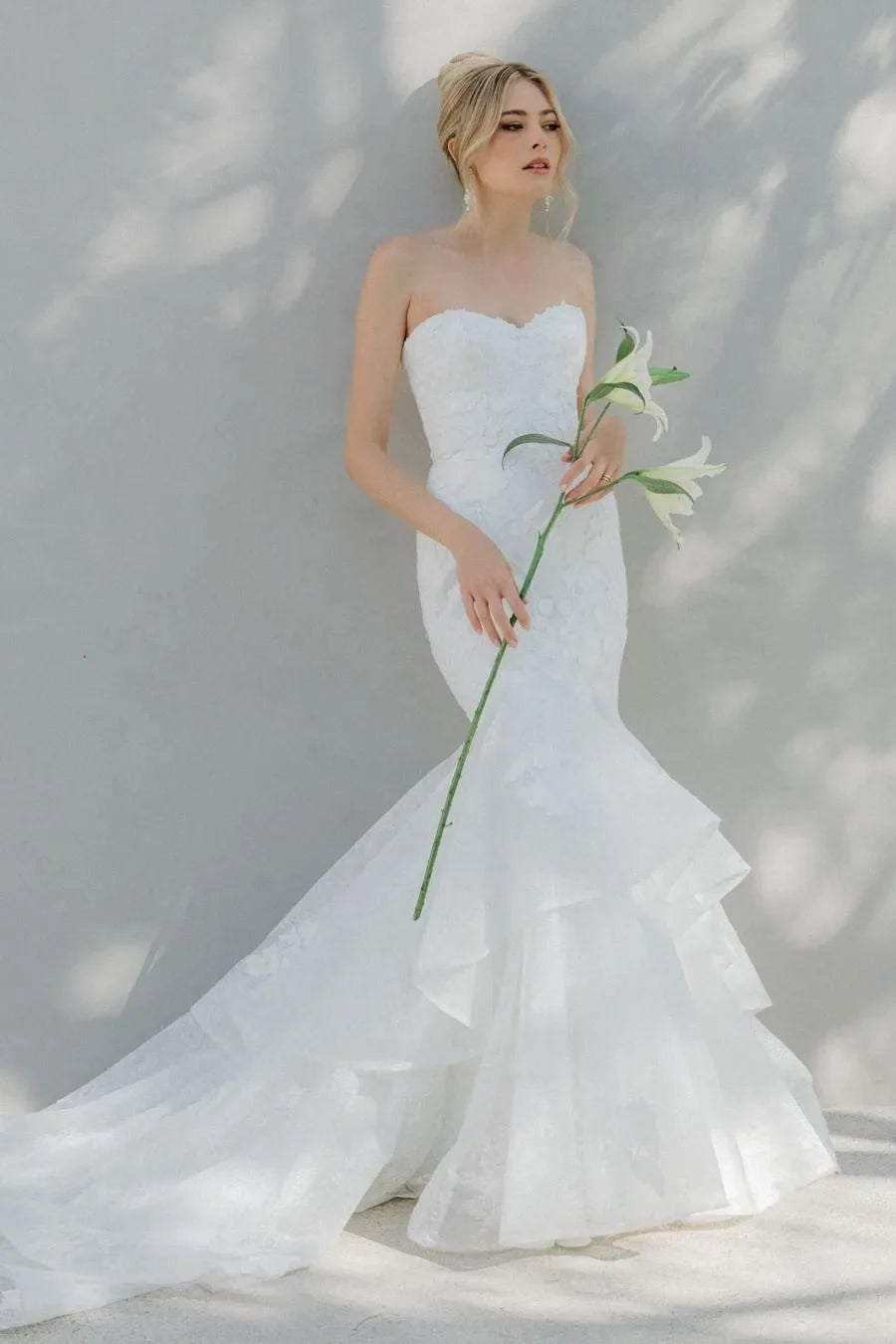 Mermaid Wedding Dress with Strapless Sweetheart Neckline Floral Tiered Train and Fitted Silhouette