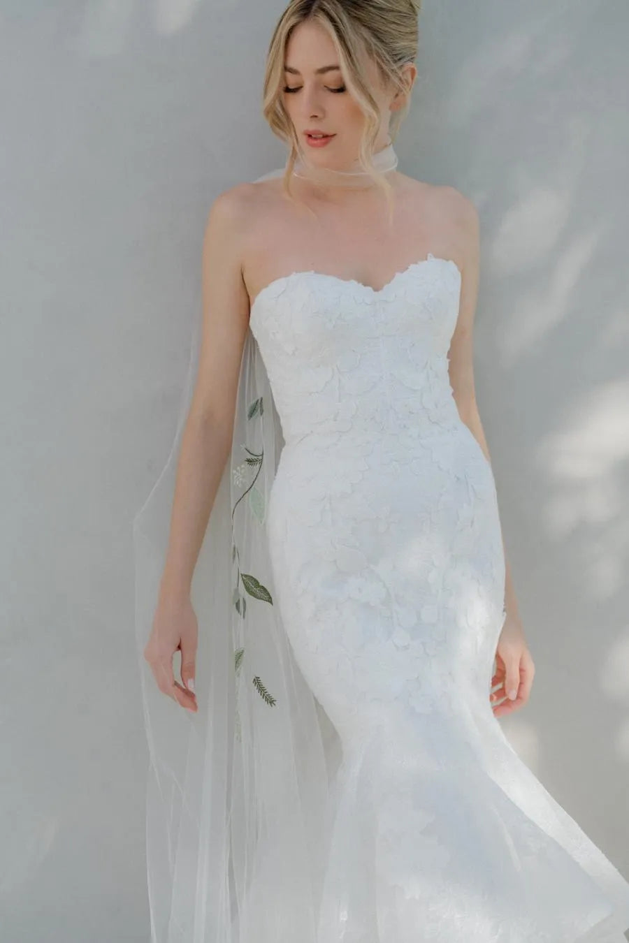 Mermaid Wedding Dress with Strapless Sweetheart Neckline Floral Tiered Train and Fitted Silhouette