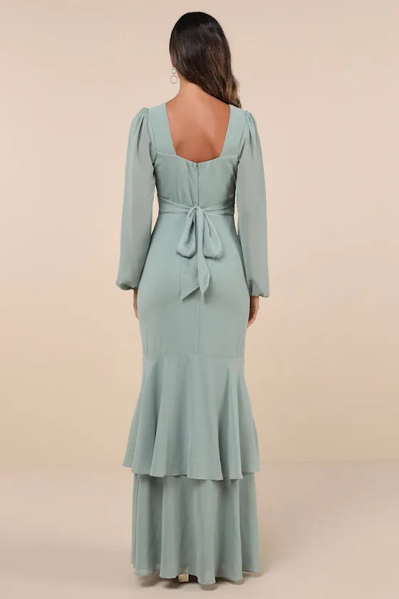 Green Mint Evening Gown with Plunging V - Neck Sheer Lantern Sleeves Tiered Slit Mermaid Skirt Perfect for Sophisticated Formal Galas