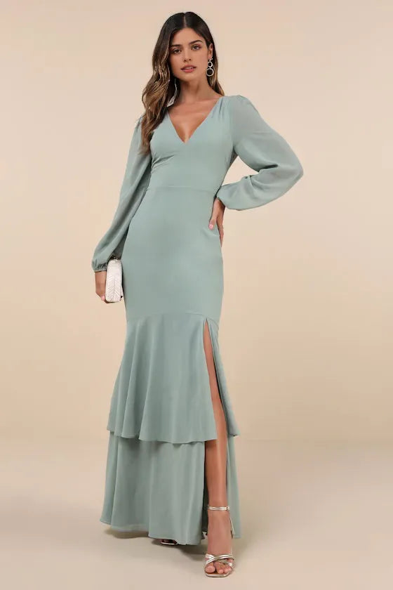 Green Mint Evening Gown with Plunging V - Neck Sheer Lantern Sleeves Tiered Slit Mermaid Skirt Perfect for Sophisticated Formal Galas