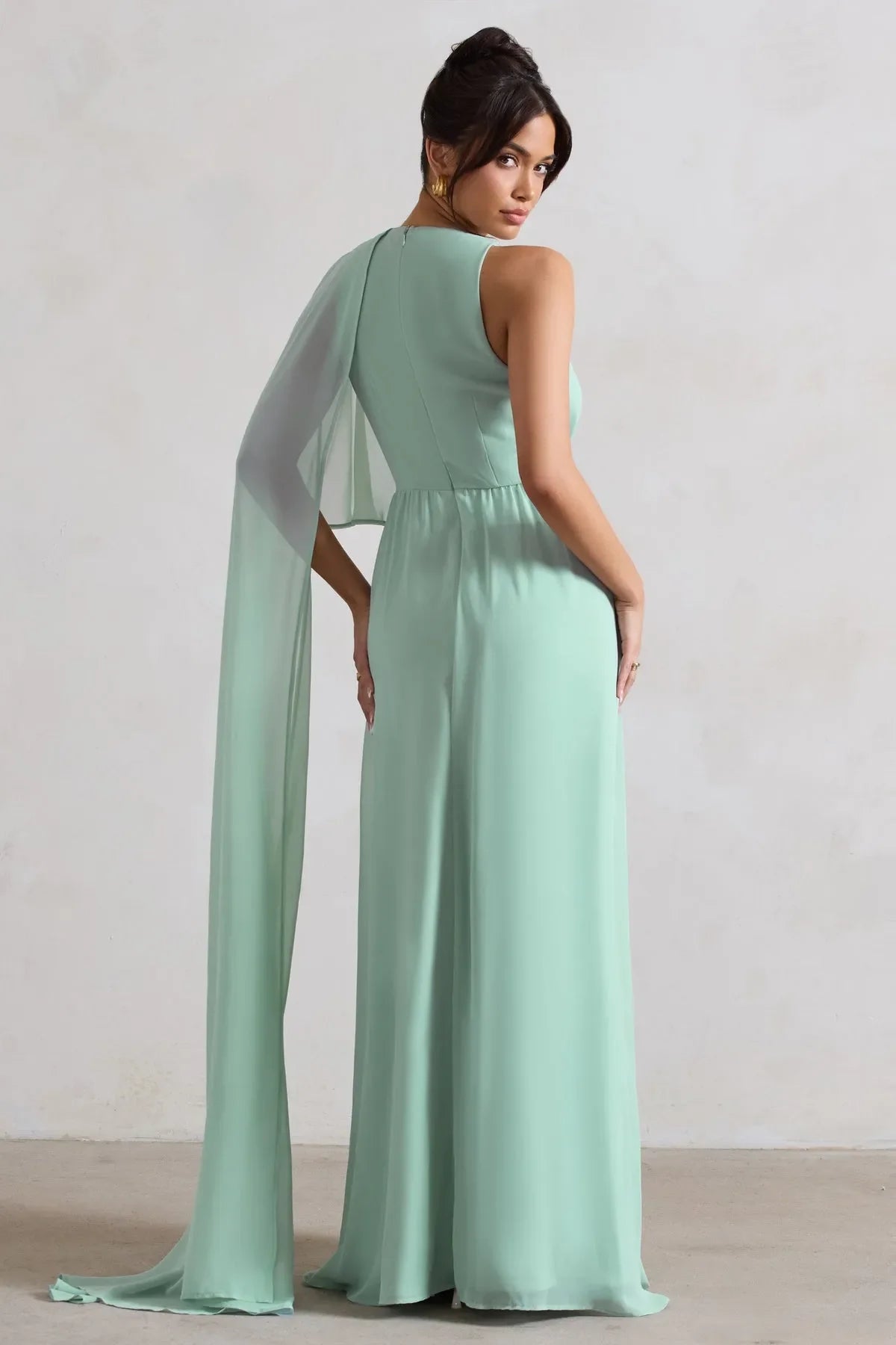 Green Mint Prom Dresses Deep V Neck Cross Wrap Waist Asymmetric Cape Sleeve A Fusion of Grace and Drama