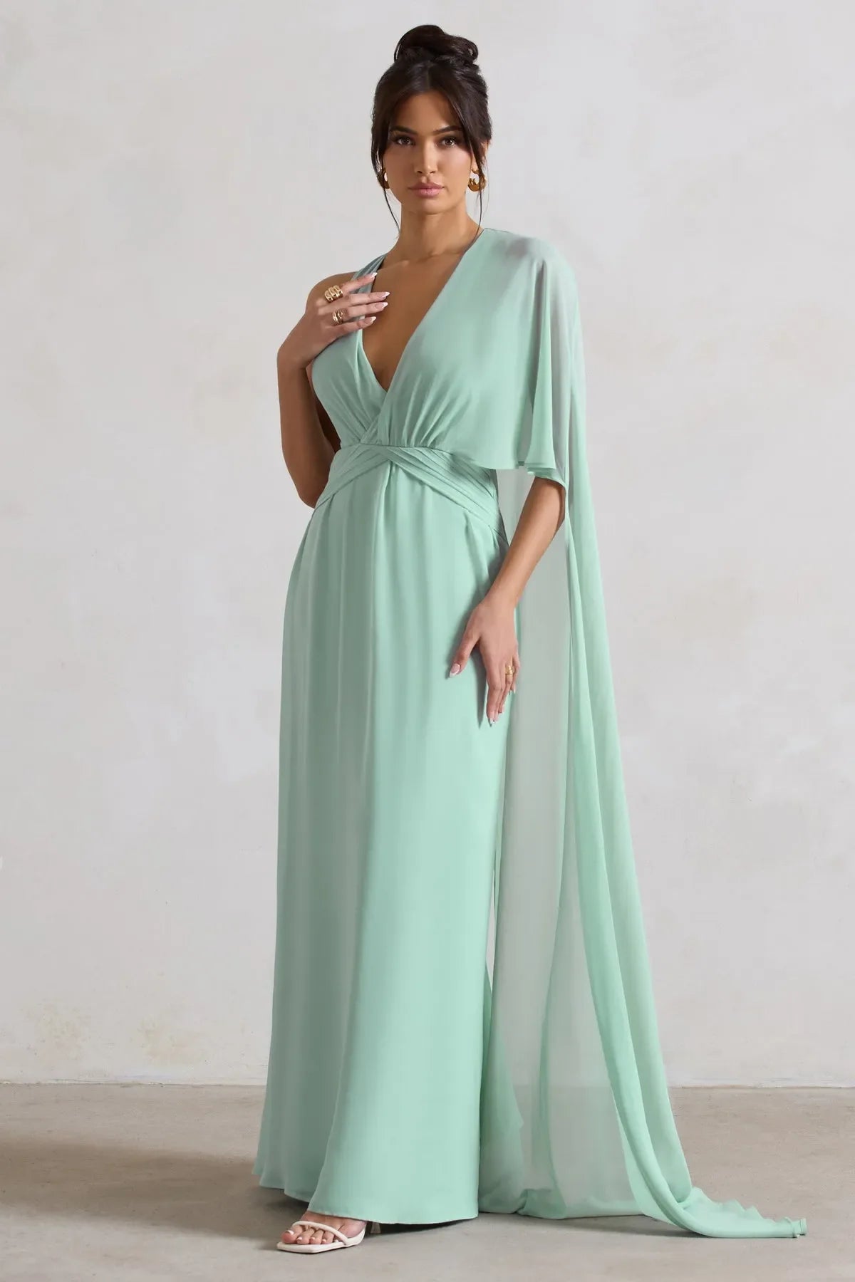 Green Mint Prom Dresses Deep V Neck Cross Wrap Waist Asymmetric Cape Sleeve A Fusion of Grace and Drama