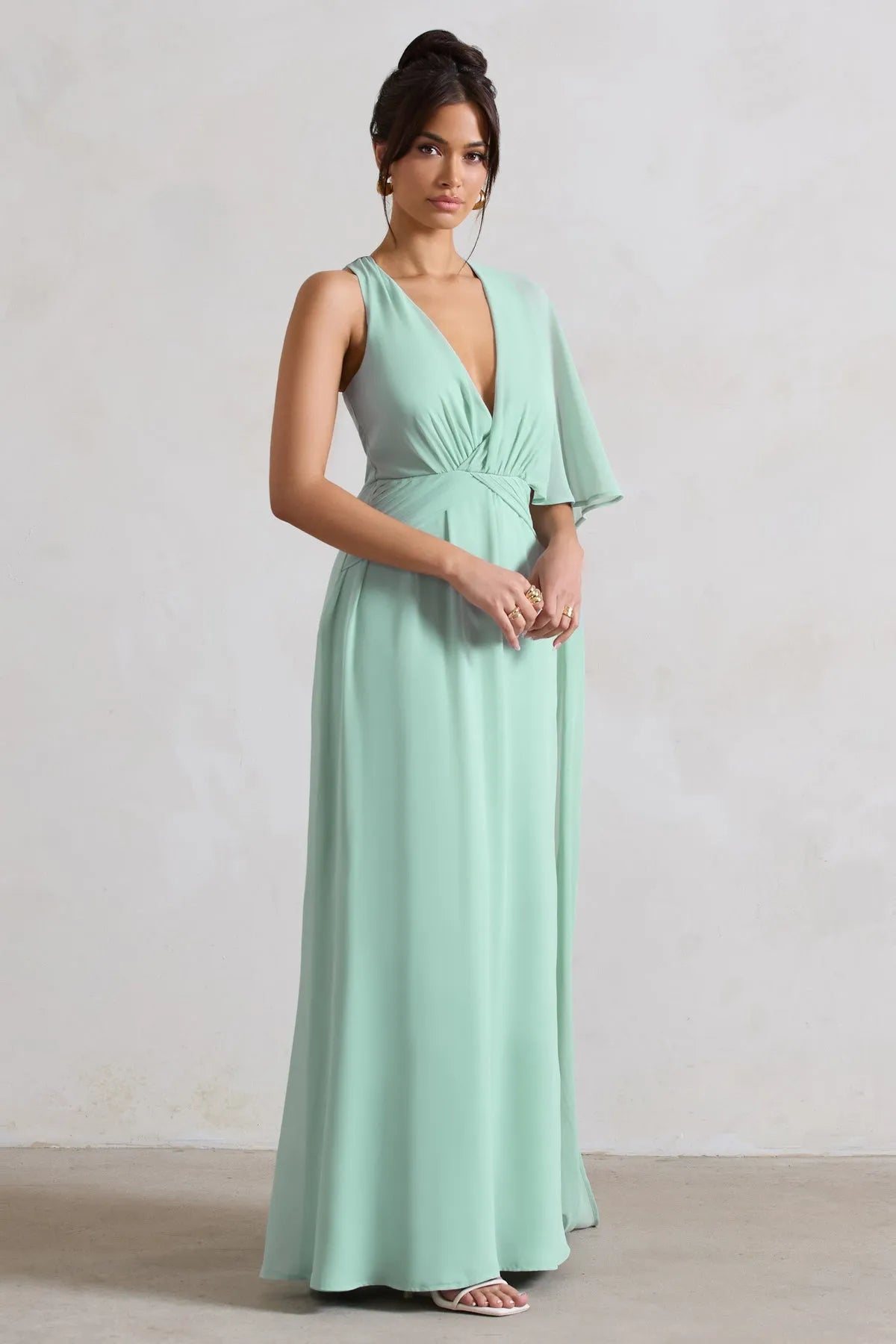Green Mint Prom Dresses Deep V Neck Cross Wrap Waist Asymmetric Cape Sleeve A Fusion of Grace and Drama