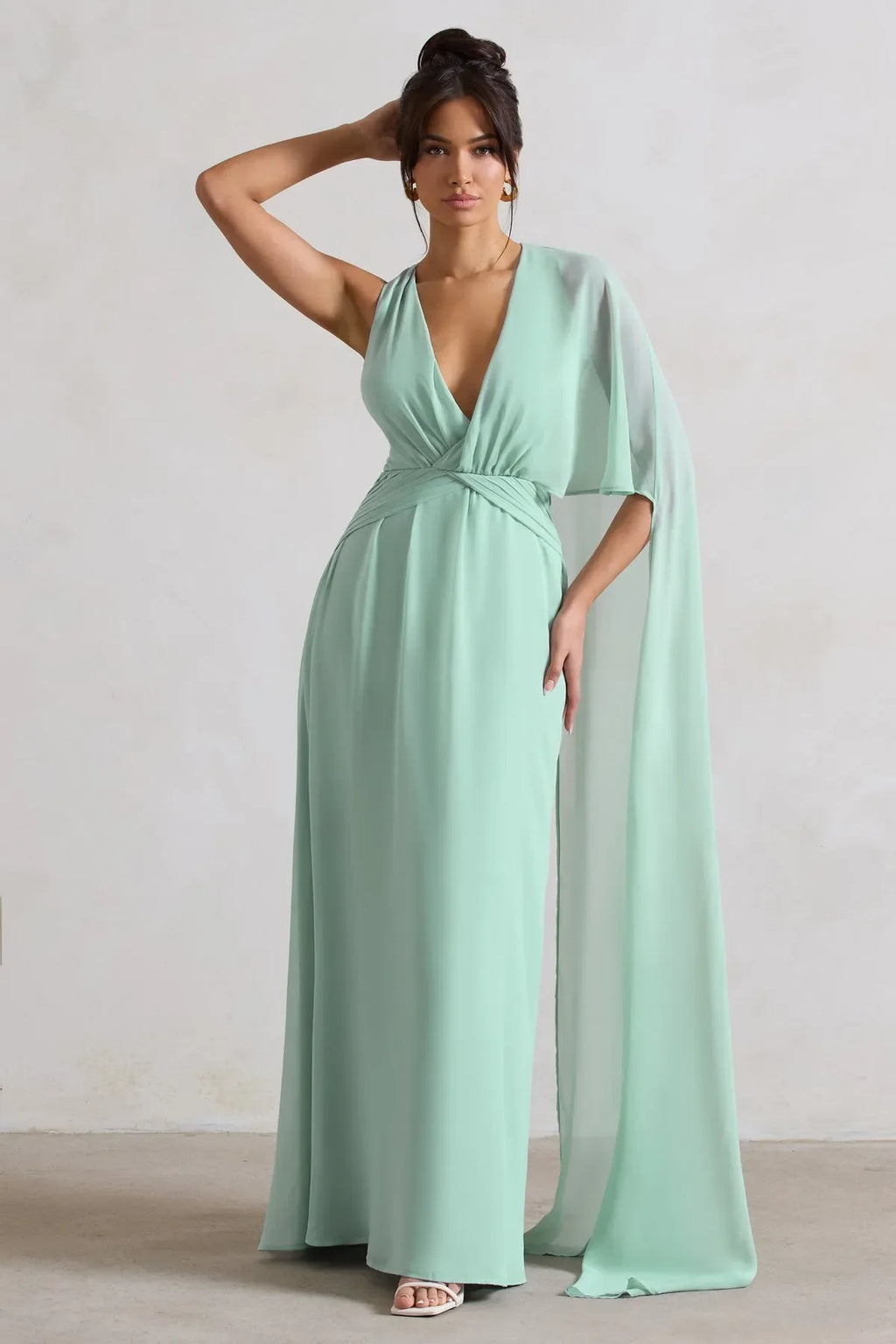 Green Mint Prom Dresses Deep V Neck Cross Wrap Waist Asymmetric Cape Sleeve A Fusion of Grace and Drama