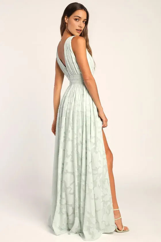 Green Mint Jacquard Prom Dress with Plunging V Neck High Side Slit Perfect for Glamorous Evenings