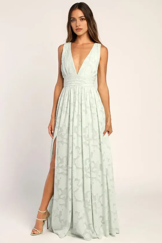 Green Mint Jacquard Prom Dress with Plunging V Neck High Side Slit Perfect for Glamorous Evenings