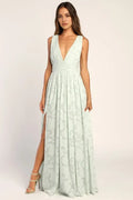 Green Mint Jacquard Prom Dress with Plunging V Neck High Side Slit Perfect for Glamorous Evenings