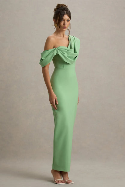 Elegant Green Ruffled Bodycon One-Shoulder Classic-Sleeve Classic-Back Floor-Length Prom Dress