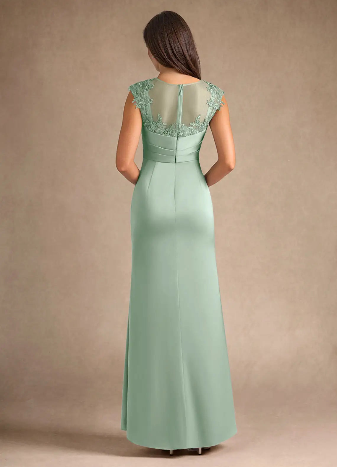 Green Mint Mother of the Bride Dress with Bodice Sleeveless Sheer Top High - Slit Ruched Skirt