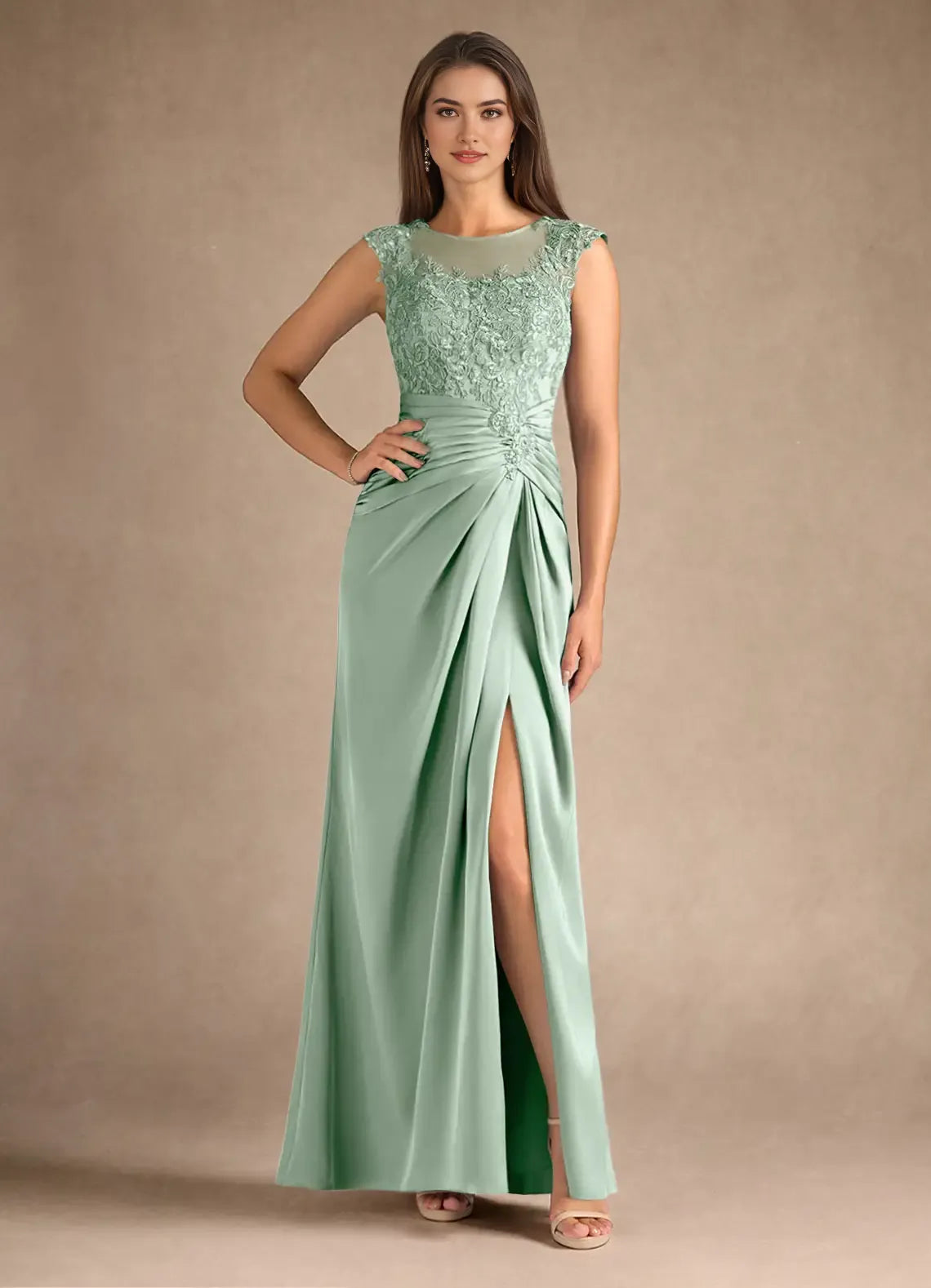 Green Mint Mother of the Bride Dress with Bodice Sleeveless Sheer Top High - Slit Ruched Skirt