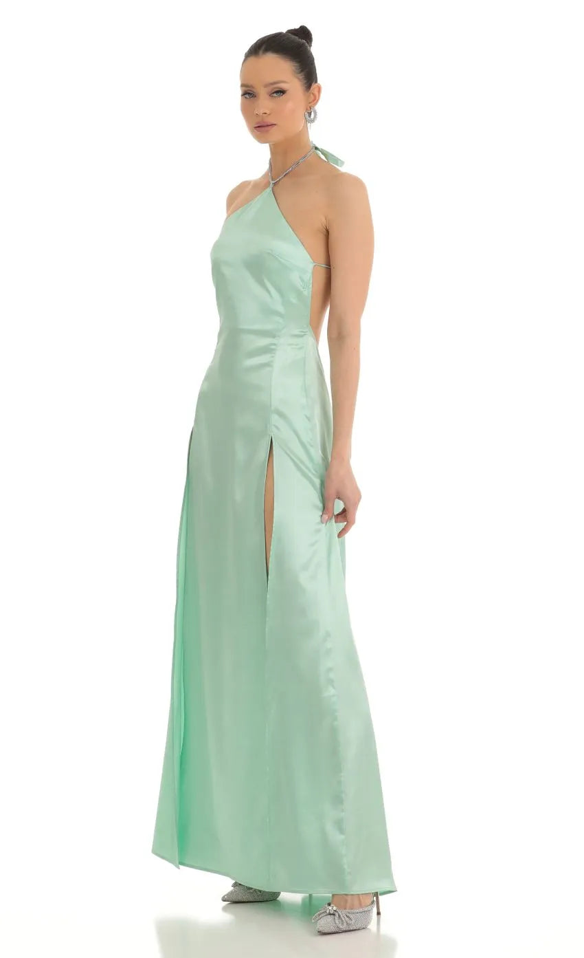 Green Mint Prom Gown featuring Halter Neckline Side Slits and Back Bow Accent to Elevate Your Prom Night