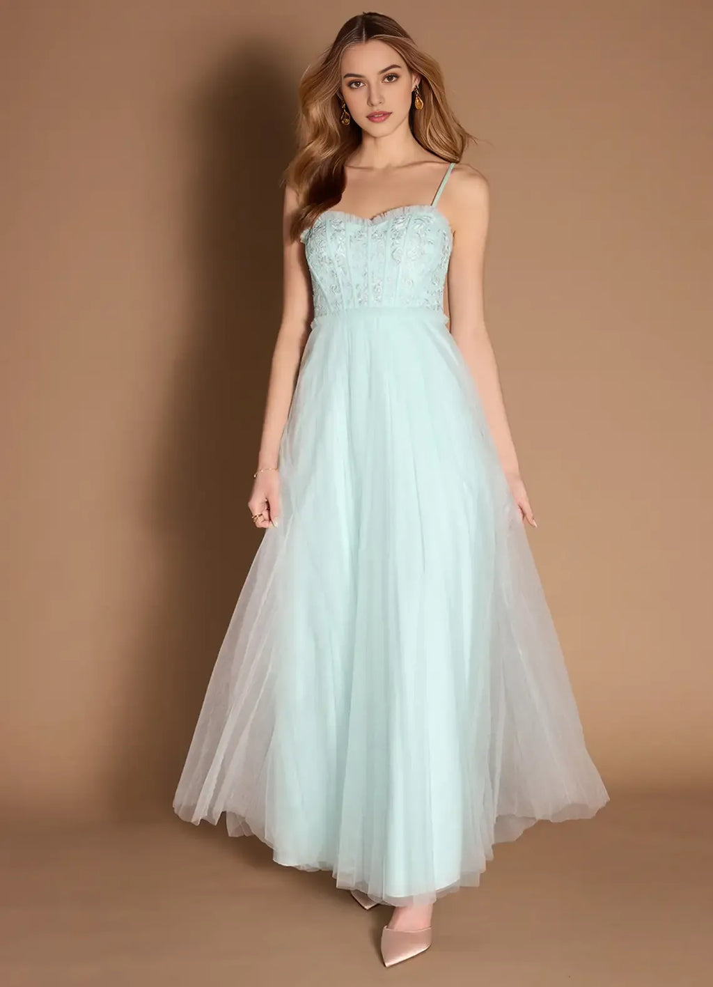 Green Mint Prom Dress with Spaghetti Straps Bodice and Flowy Skirt for Formal Occasions