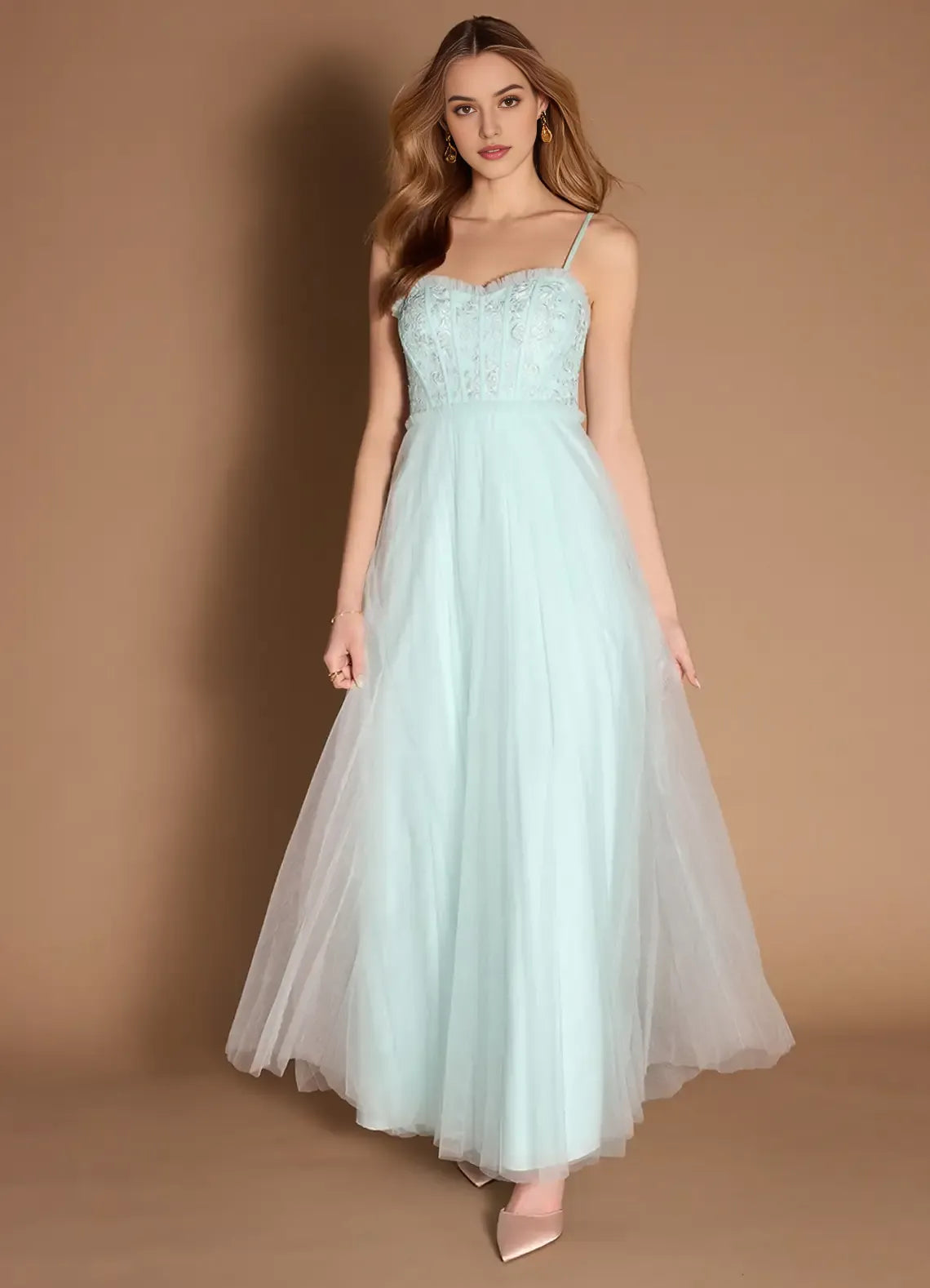 Green Mint Prom Dress with Spaghetti Straps Bodice and Flowy Skirt for Formal Occasions