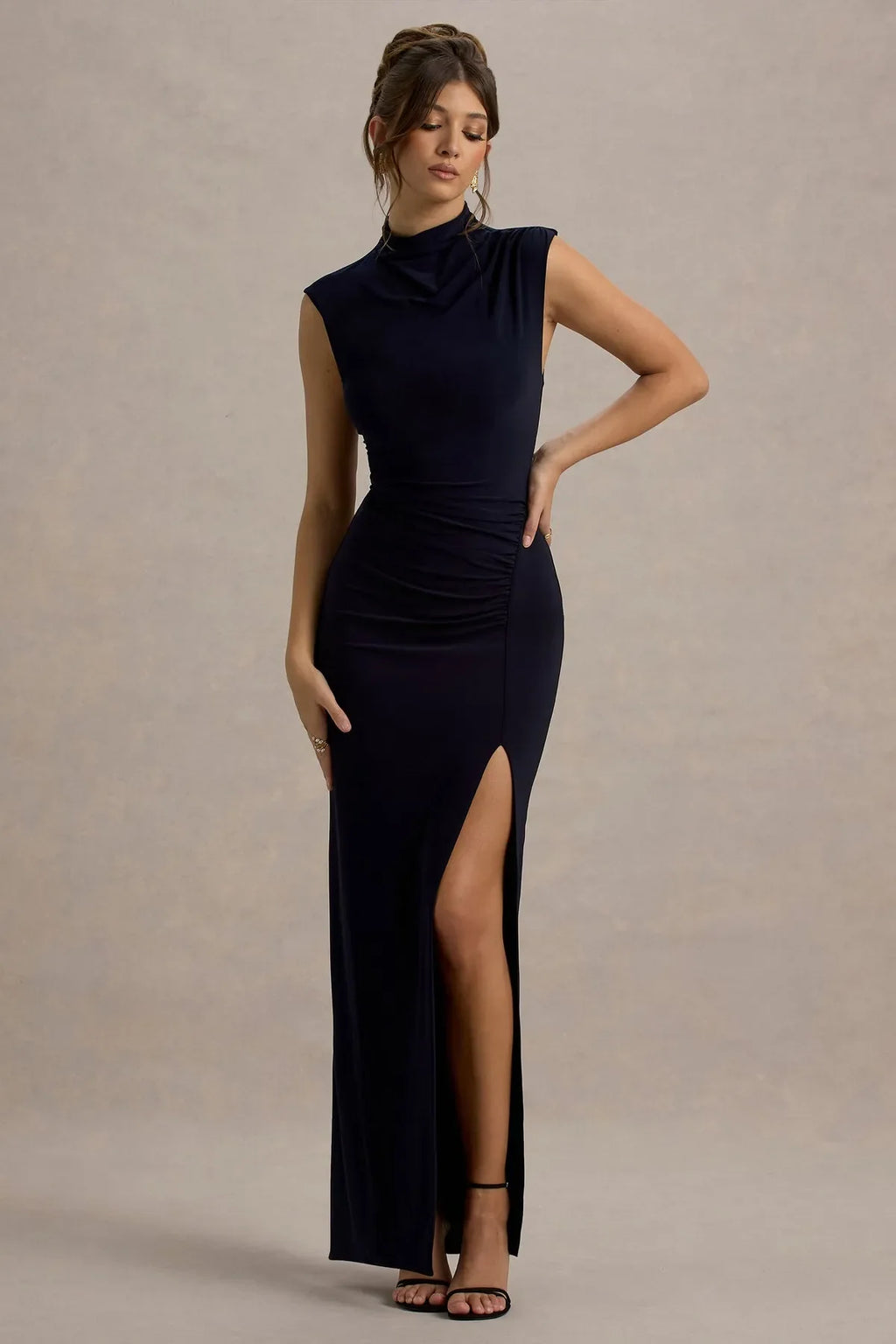 Navy Blue Mock Neck Sleeveless Prom Dress with Side Ruched Detail and High Slit Sophisticated Evening Gown for Formal Occasions