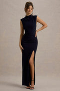 Navy Blue Mock Neck Sleeveless Prom Dress with Side Ruched Detail and High Slit Sophisticated Evening Gown for Formal Occasions