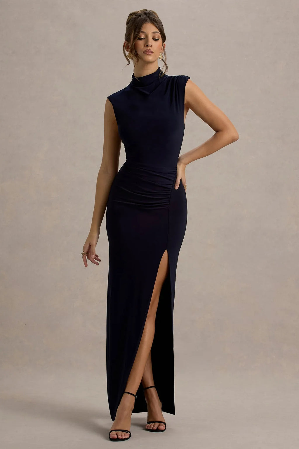 Navy Blue Mock Neck Sleeveless Prom Dress with Side Ruched Detail and High Slit Sophisticated Evening Gown for Formal Occasions