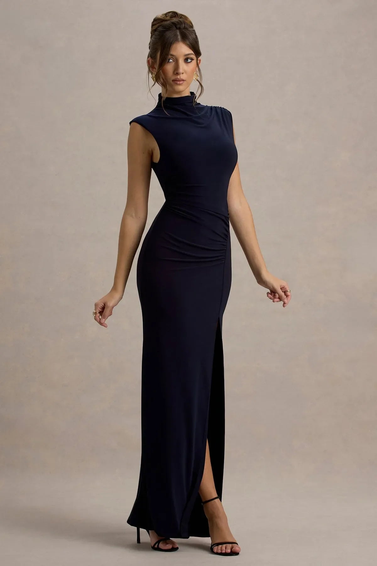 Navy Blue Mock Neck Sleeveless Prom Dress with Side Ruched Detail and High Slit Sophisticated Evening Gown for Formal Occasions