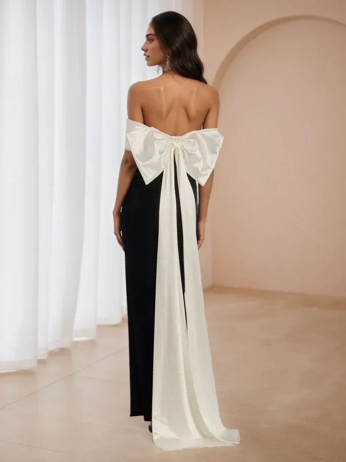 Red Monochrome Contrast Prom Dress Off - Shoulder Bow for Carpet Events