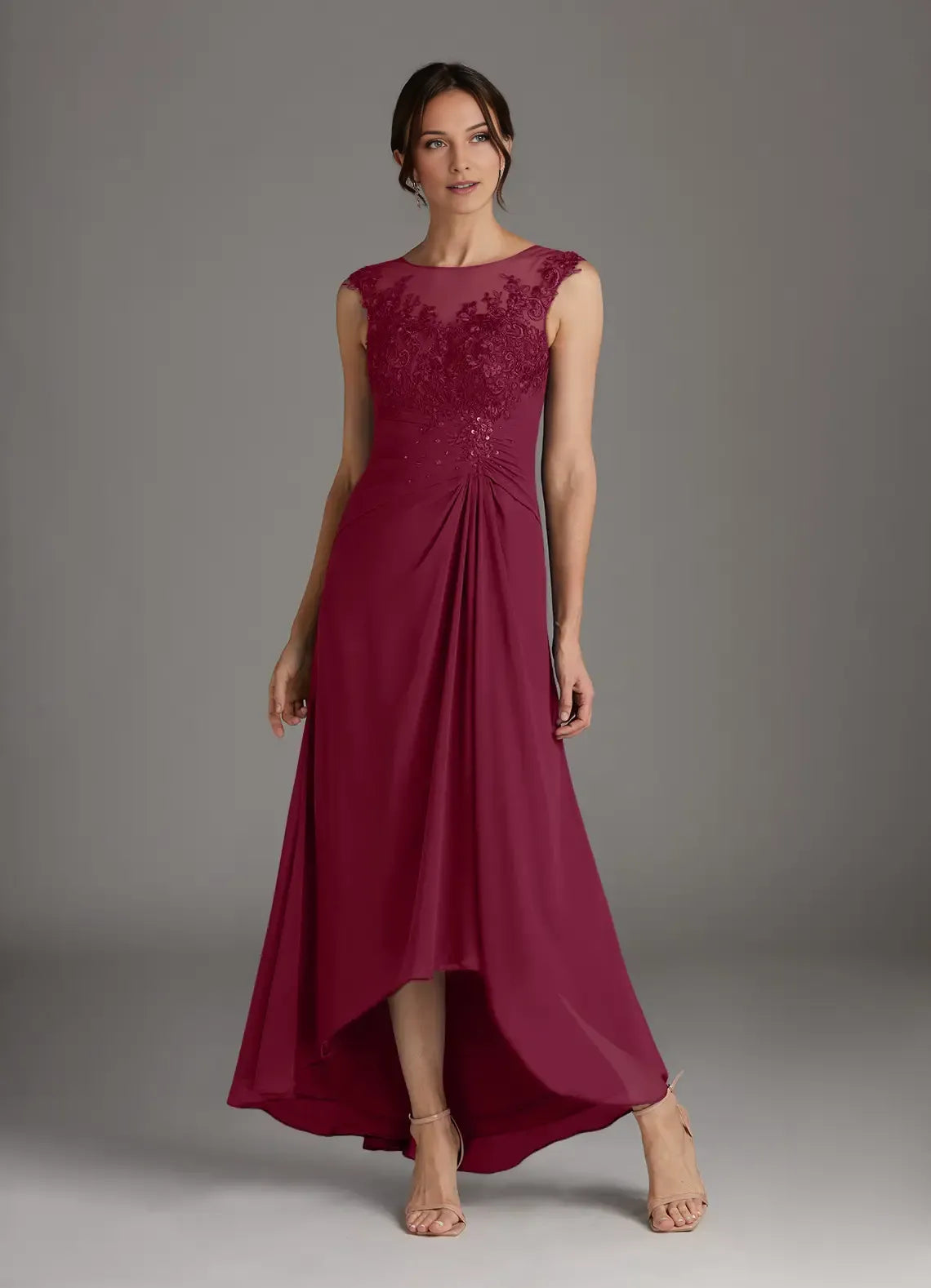 Mulberry A-Line Scoop Mother of the Bride Dress with Sheer Bodice Sleeveless Design Pleated Skirt for mother of the bride