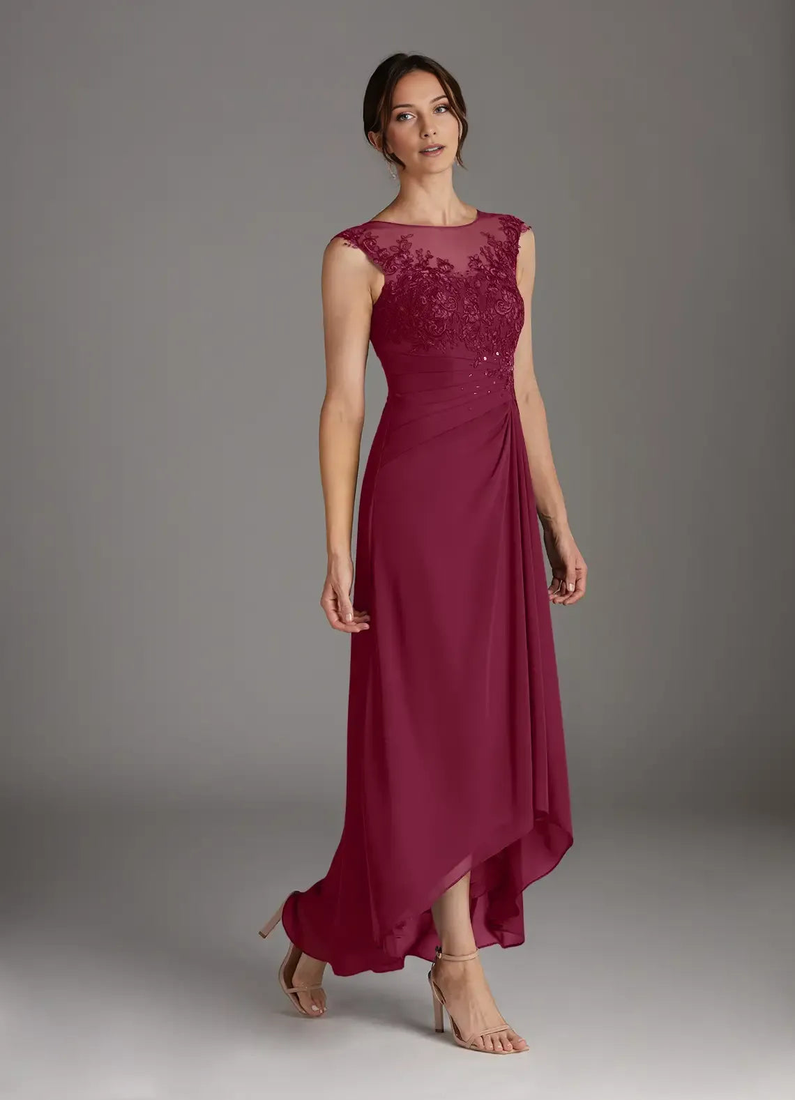 Mulberry A-Line Scoop Mother of the Bride Dress with Sheer Bodice Sleeveless Design Pleated Skirt for mother of the bride