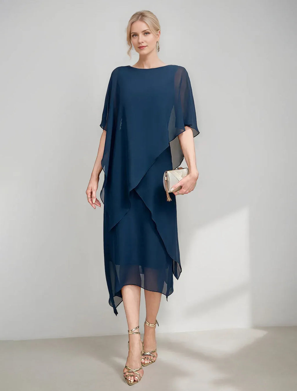 Navy A-Line Shift Boat-Neck Cape Sleeves Back Zip Asymmetrical-Hem Mother of the Bride Dresses