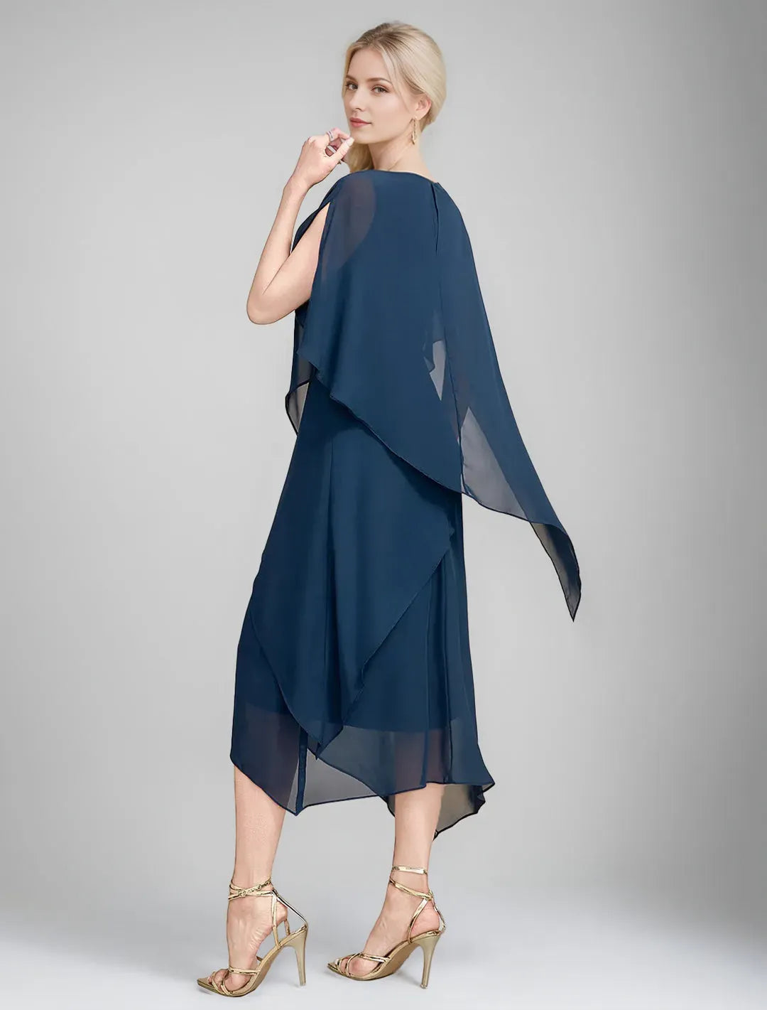 Navy A-Line Shift Boat-Neck Cape Sleeves Back Zip Asymmetrical-Hem Mother of the Bride Dresses