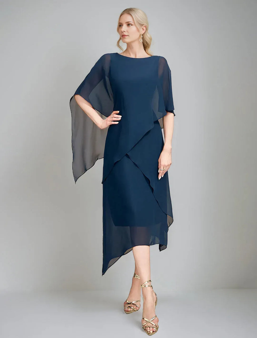 Navy A-Line Shift Boat-Neck Cape Sleeves Back Zip Asymmetrical-Hem Mother of the Bride Dresses