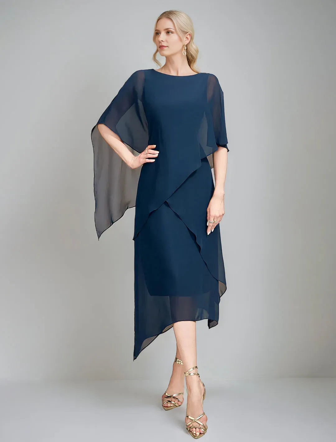 Navy A-Line Shift Boat-Neck Cape Sleeves Back Zip Asymmetrical-Hem Mother of the Bride Dresses