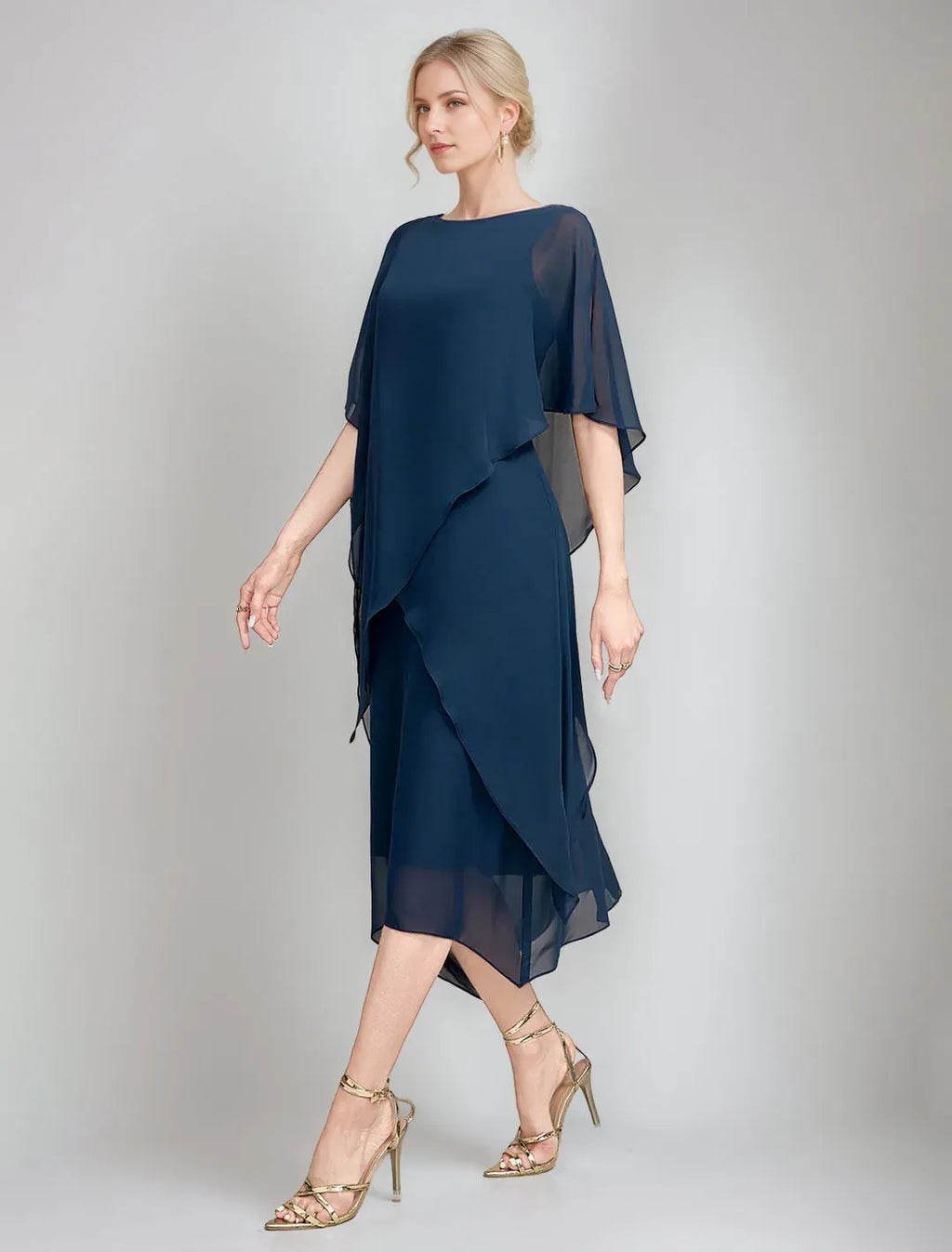 Navy A-Line Shift Boat-Neck Cape Sleeves Back Zip Asymmetrical-Hem Mother of the Bride Dresses