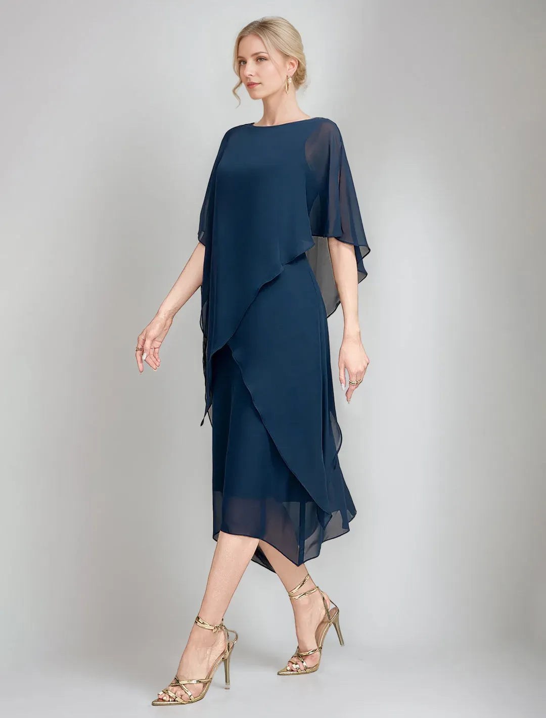 Navy A-Line Shift Boat-Neck Cape Sleeves Back Zip Asymmetrical-Hem Mother of the Bride Dresses