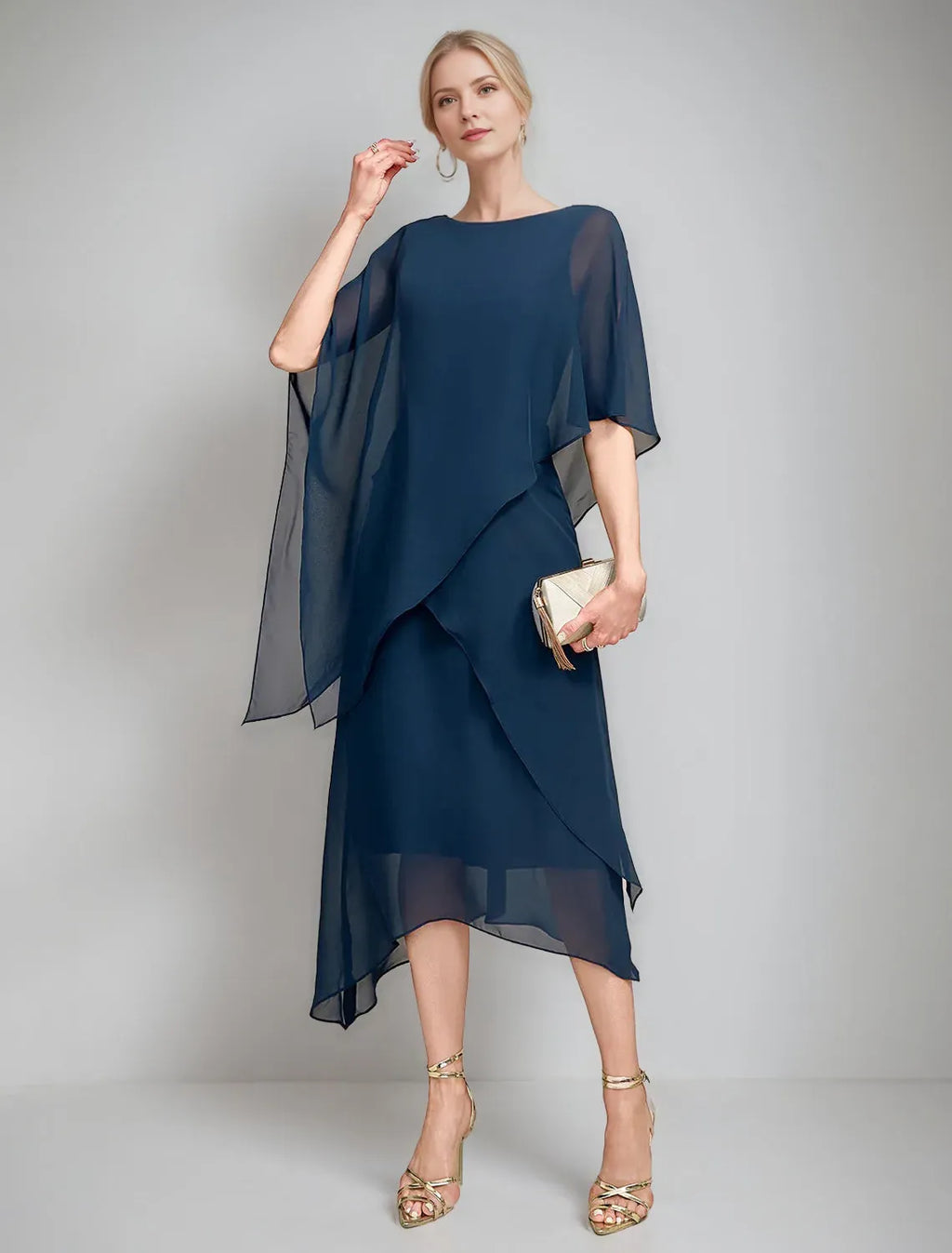 Navy A-Line Shift Boat-Neck Cape Sleeves Back Zip Asymmetrical-Hem Mother of the Bride Dresses