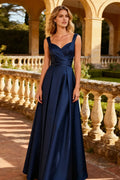 Navy A-Line Square Neck Sleeveless Ruched Bodice V back Back Zip Floor-Length Prom Dresses