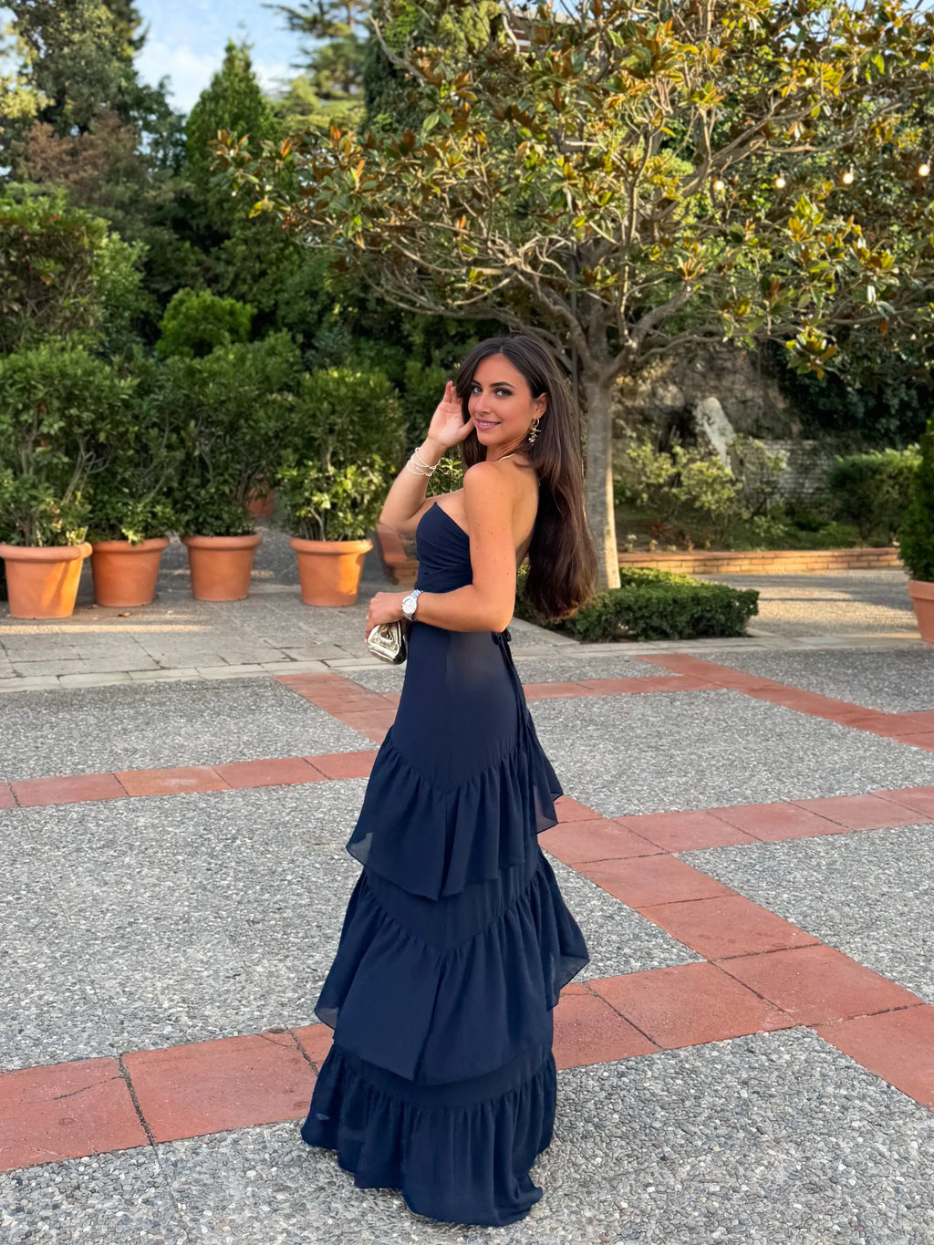 Navy Ballgown Strapless Sleeveless Tie Back Floor Length Formal Tiered Prom Dresses