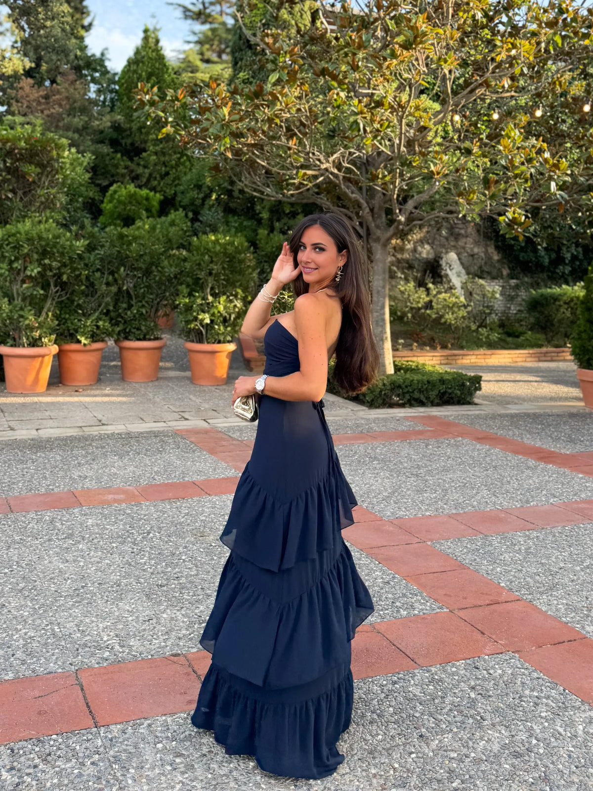 Navy Ballgown Strapless Sleeveless Tie Back Floor Length Formal Tiered Prom Dresses
