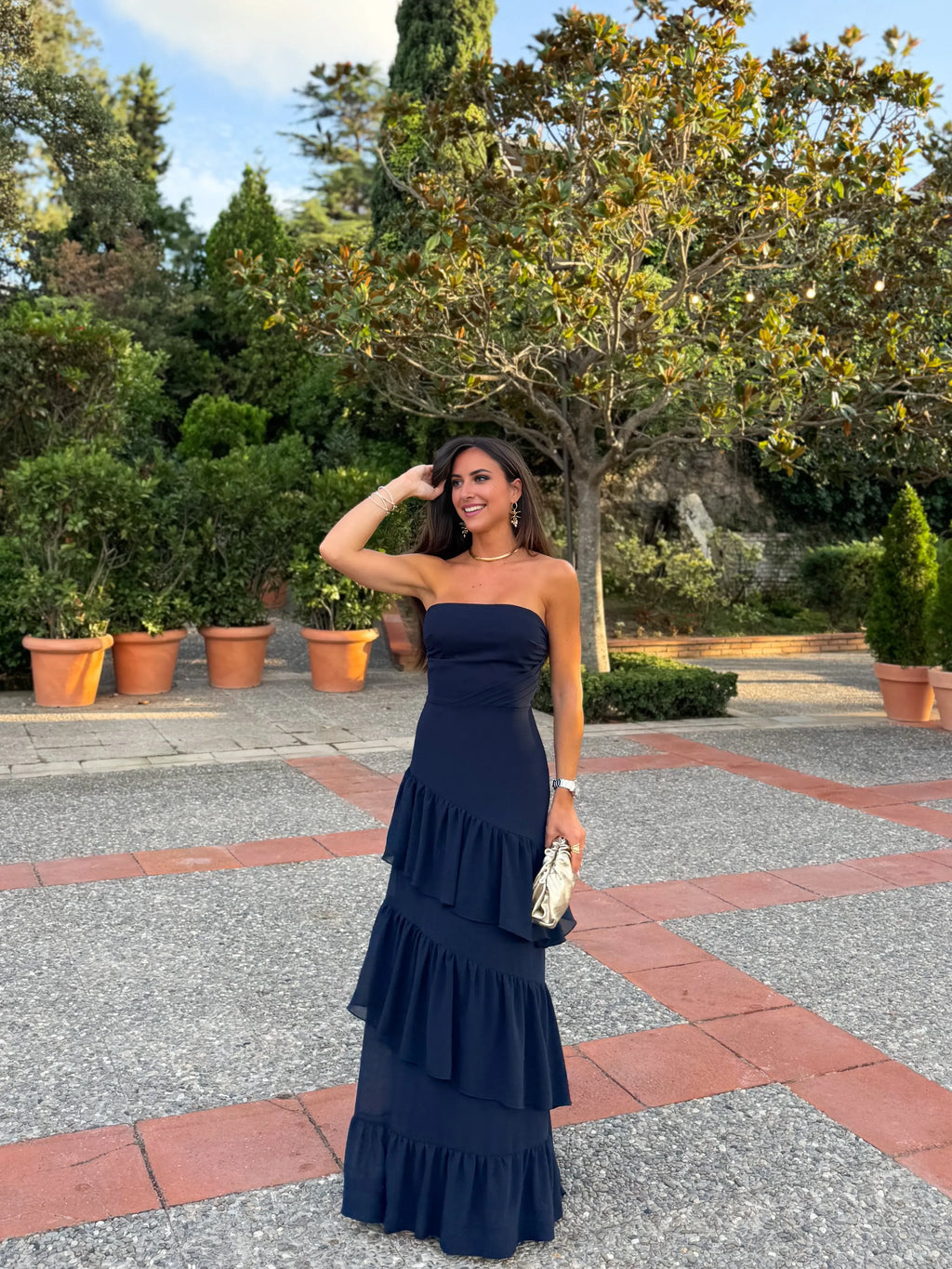 Navy Ballgown Strapless Sleeveless Tie Back Floor Length Formal Tiered Prom Dresses