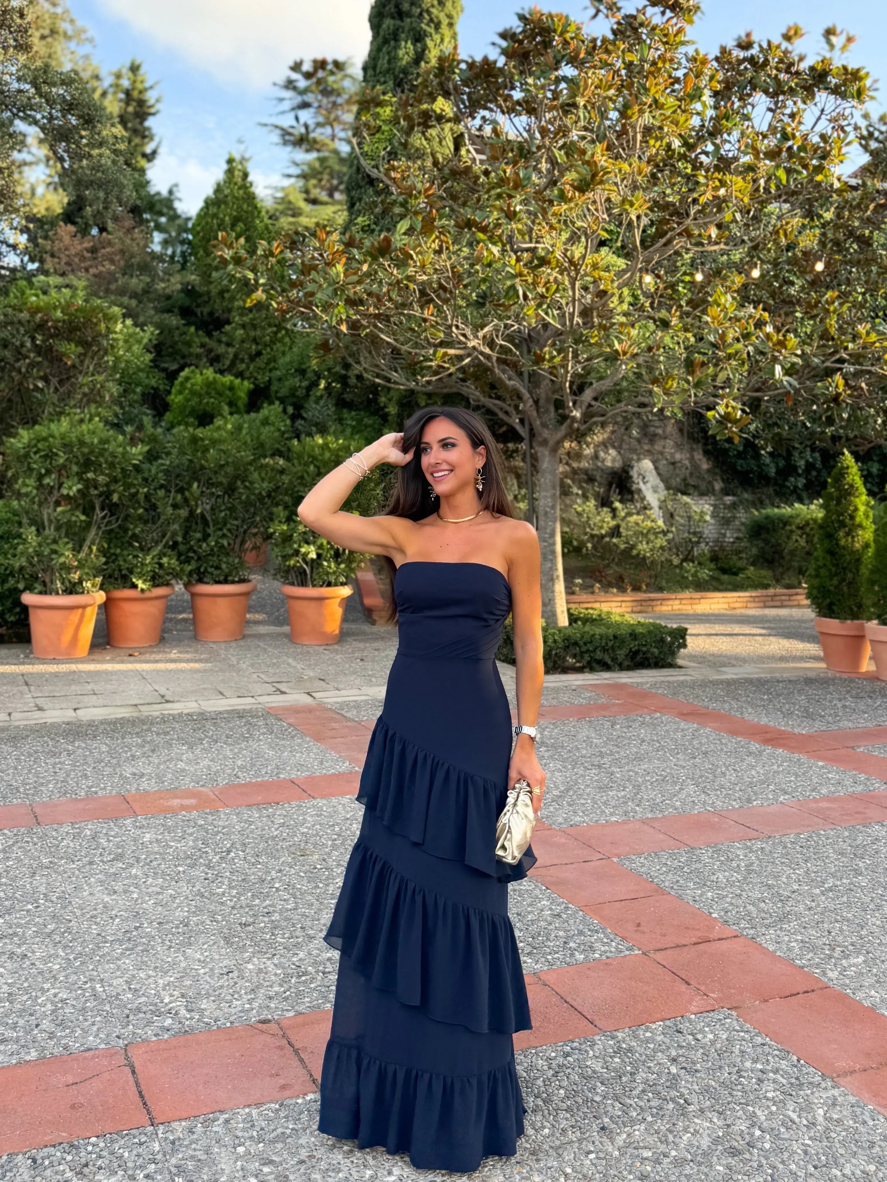 Navy Ballgown Strapless Sleeveless Tie Back Floor Length Formal Tiered Prom Dresses