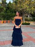 Navy Ballgown Strapless Sleeveless Tie Back Floor Length Formal Tiered Prom Dresses