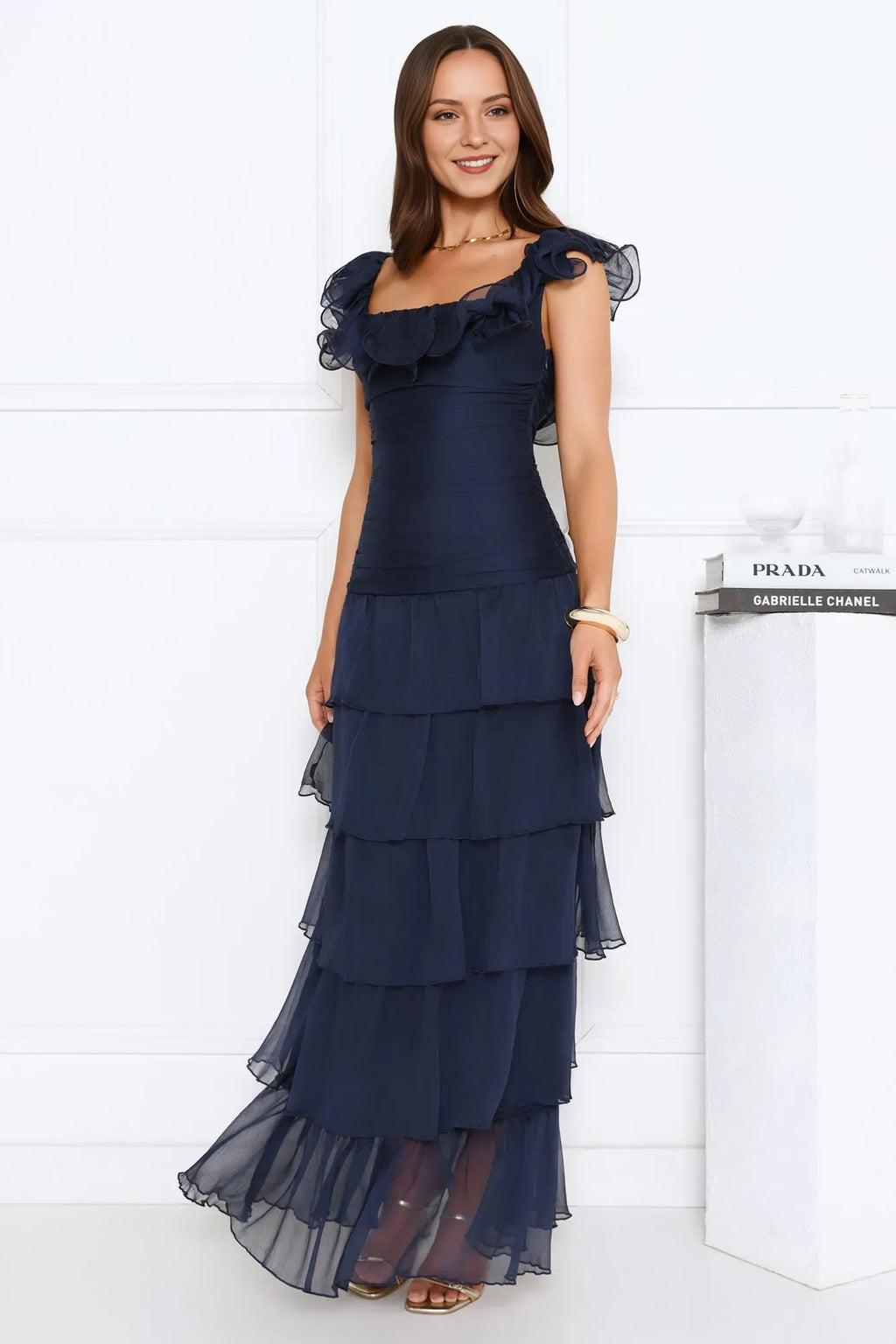 Navy Blue A-Line Square Neck Ruffled Sleeve Ankle-Length Tiered Prom Dresses